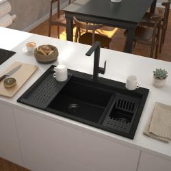 GraniteMy Limited oferă o masă de bucătărie mare din granit, cu o chiuvetă neagră inclusă, cu accesorii, cu o dimensiune de 76x48 cm.